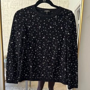CHANEL Black Long Sleeve Logo Speckled Knit Top
